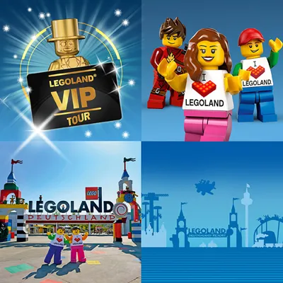 Collage aus vier Bildern mit VIP Tour Logo, Minifiguren, LEGOLAND Girl & Boy und LEGOLAND Portal